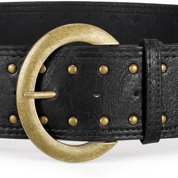 Wide Chunky Studded Leather Belt – 2.3” Vintage Waist Belt with Brass Buckle main image 10